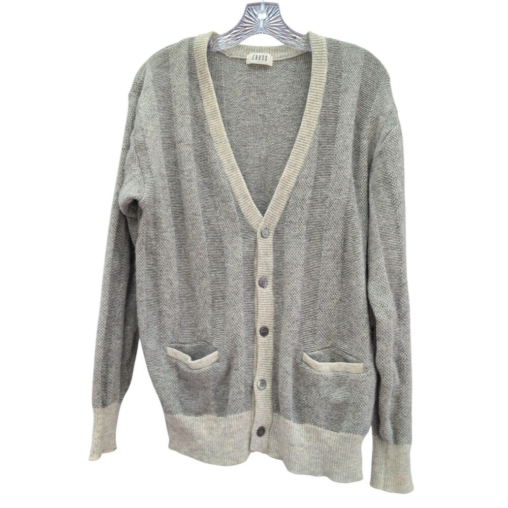 Vintage Tokyo Cross Wool Blend Cardigan Sweater Mens L Gray Stripe Japan 80s 90s